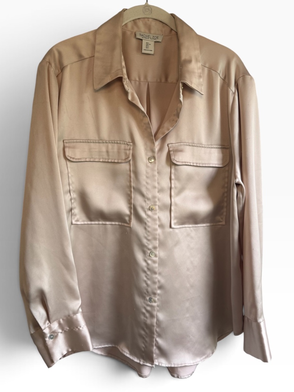 Rachel Zoe Large Champagne Satin Button Down Blouse Silky Pocket Shirt
